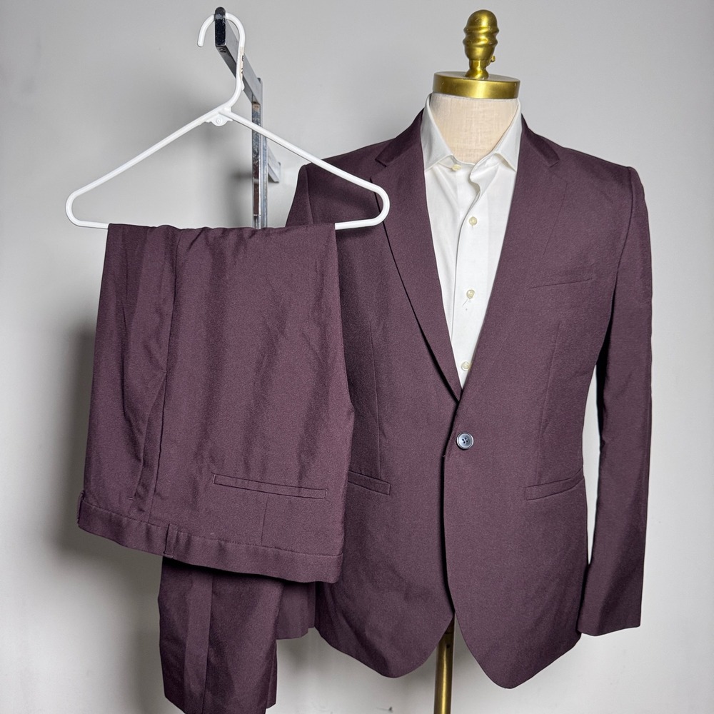 H&M Suit Mens 42R W38 Burgundy Solid Skinny Fit Notch Lapel 2-Button Modern